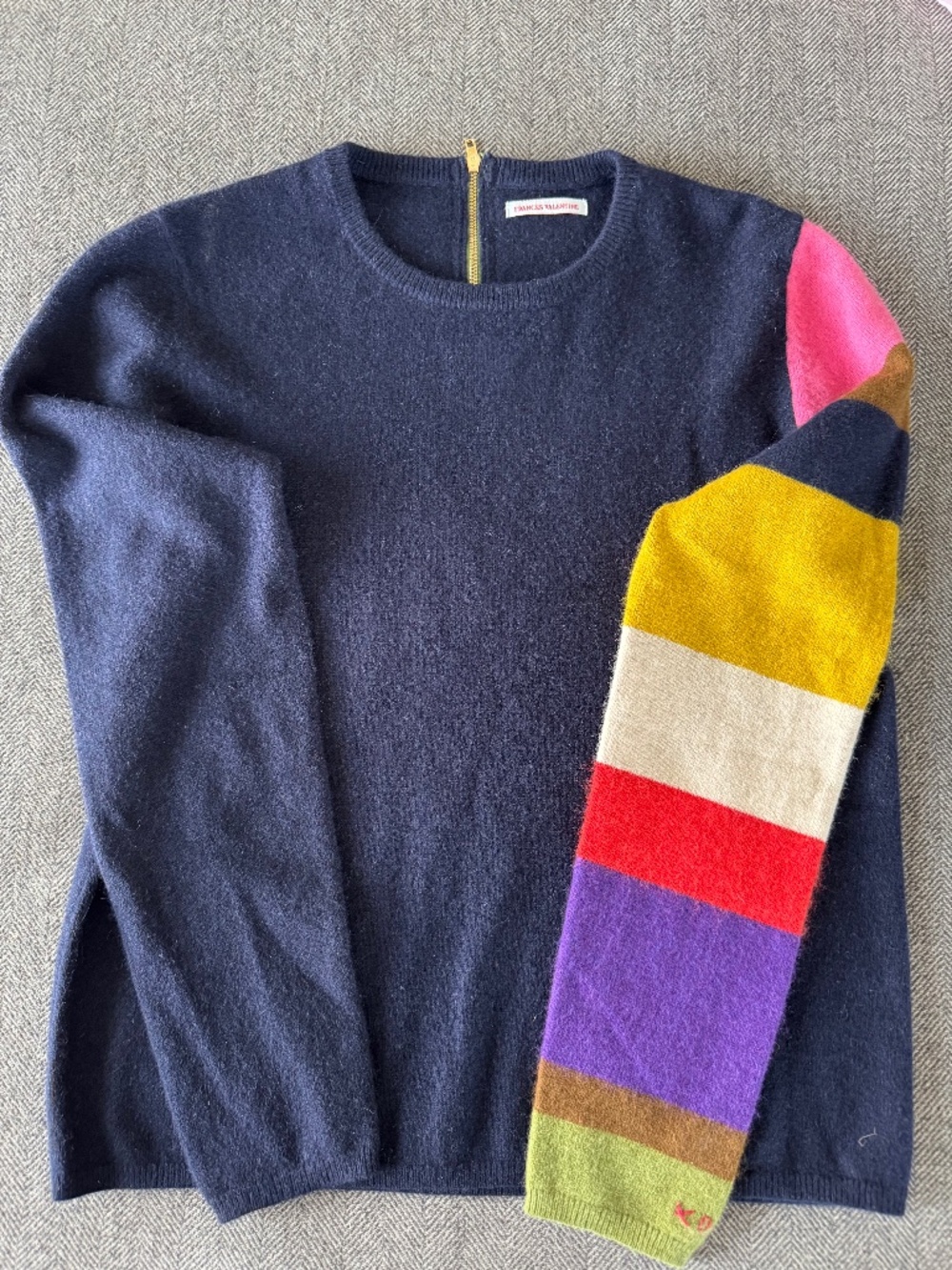 FRANCES VALENTINE, HONEY SWEATER IN NAVY WITH SPENCER STRIPE COLORED SLEEVE